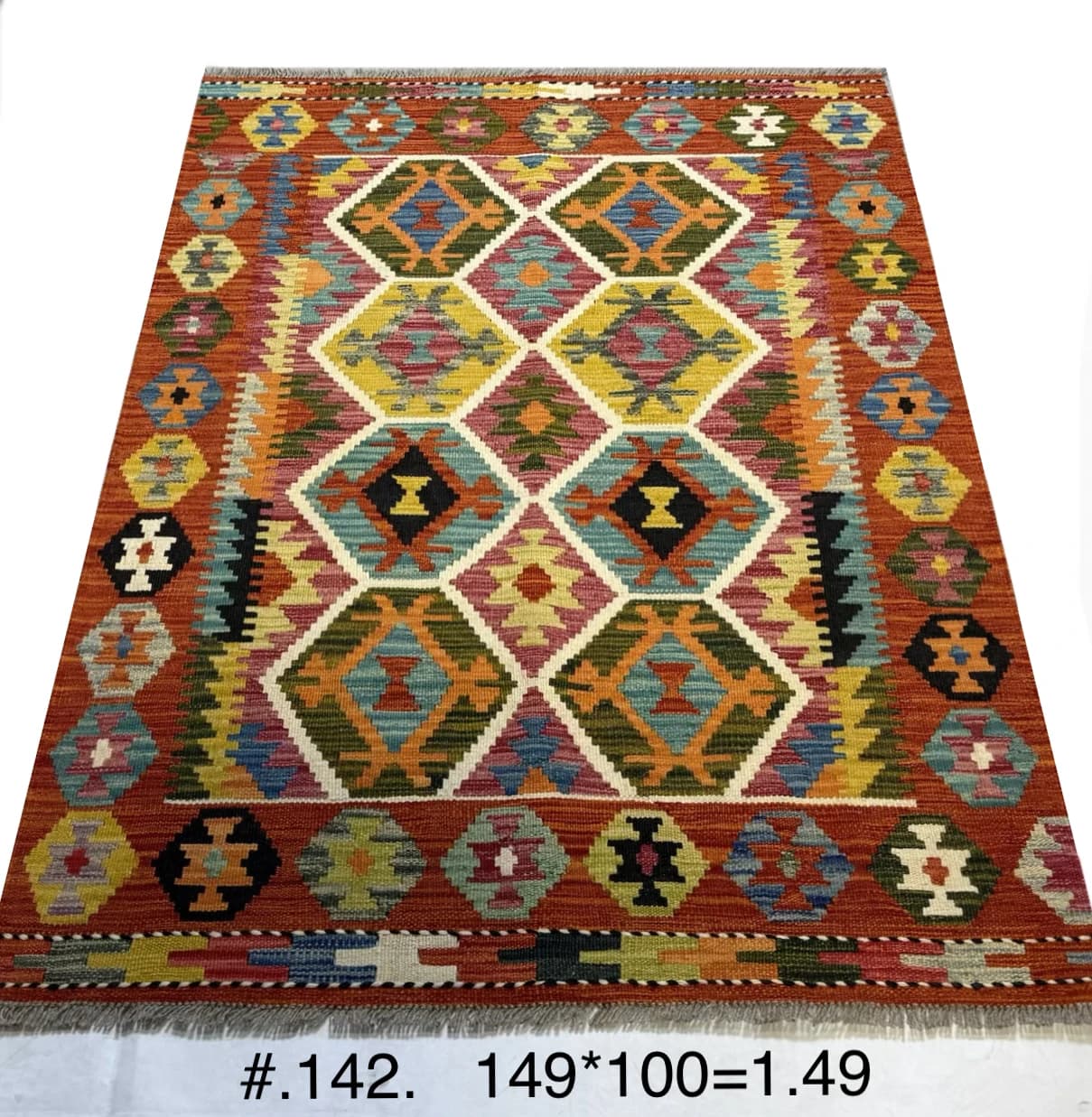Handwoven Afghan Kilim with Diamond Motifs