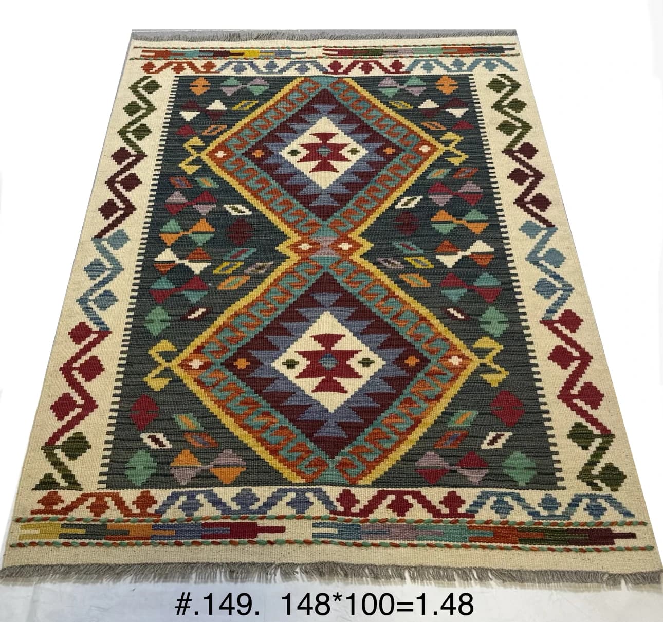 Flat-Weave Afghan Kilim with Double Diamond Medallions