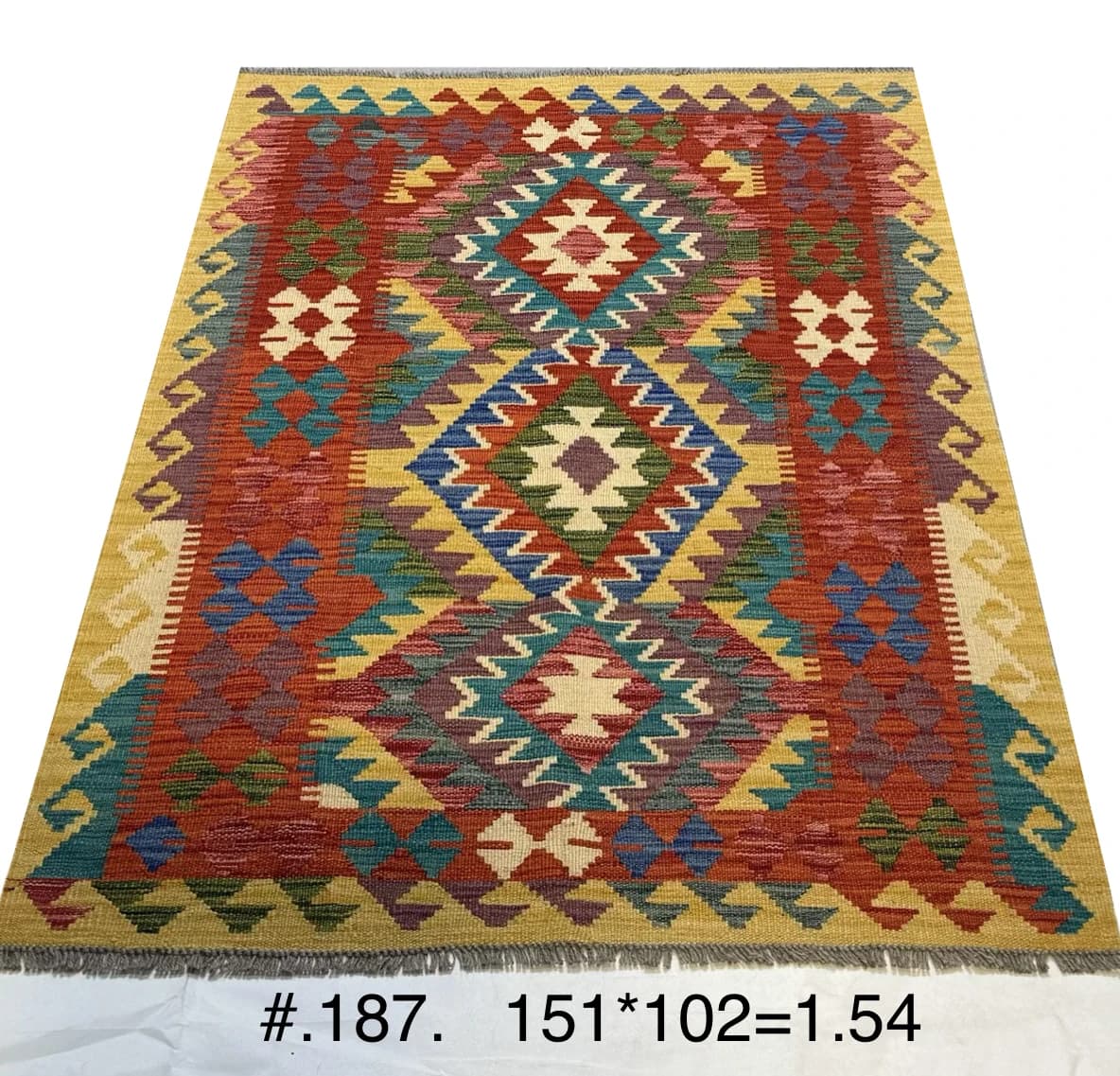 Handwoven Afghan Kilim in Gold, Red & Turquoise
