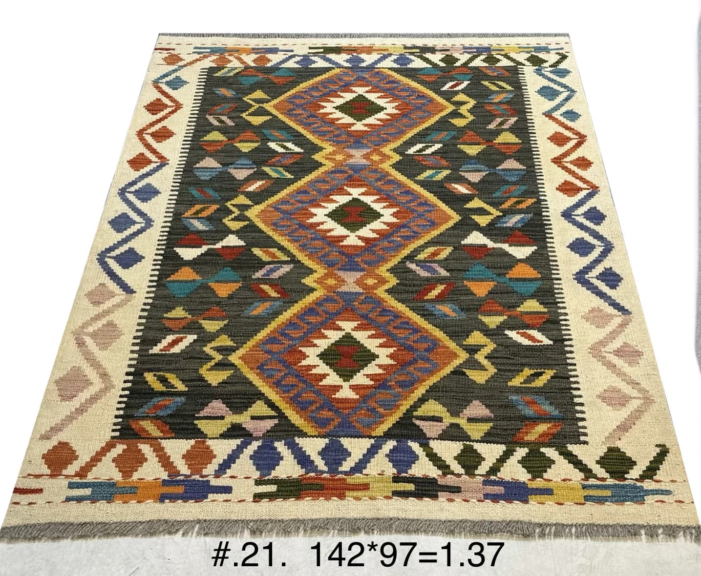 Handwoven Afghan Kilim with Geometric Diamonds