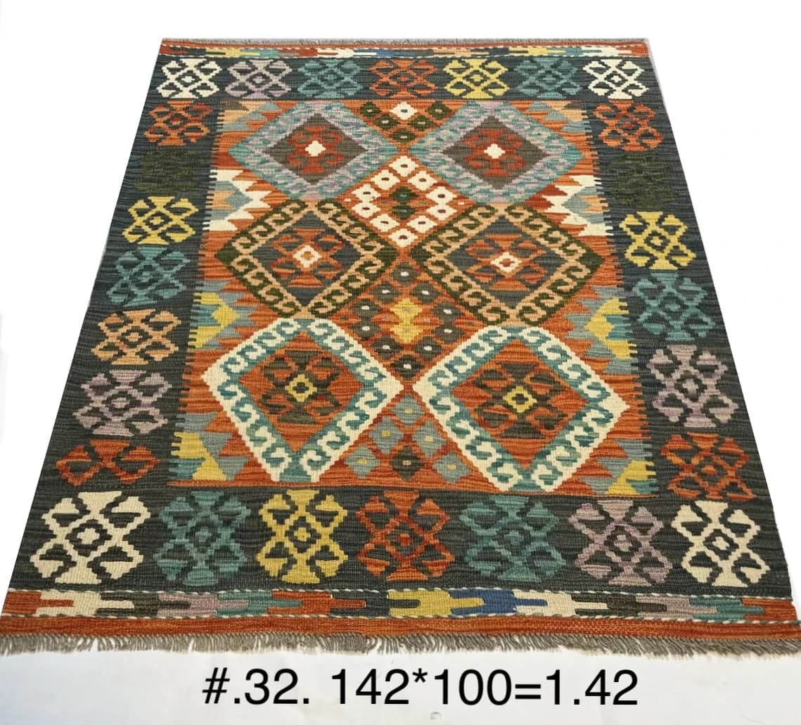 Handwoven Afghan Kilim in Rust, Teal & Gold
