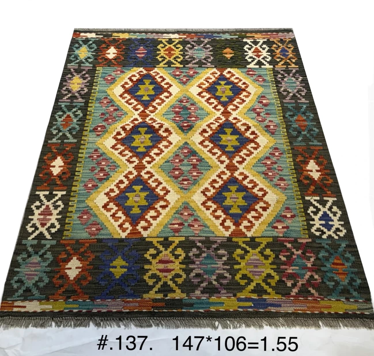 Handwoven Afghan Kilim with Multicolour Diamond Motifs