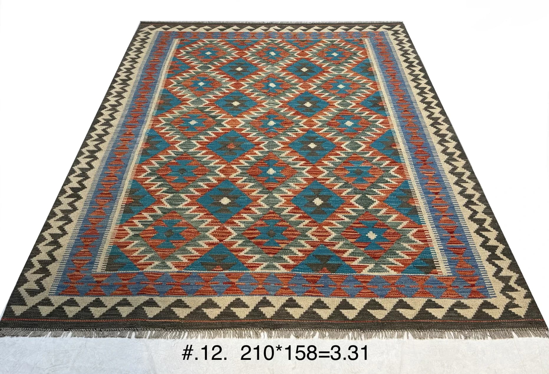Flatwoven Afghan Kilim in Red & Turquoise Diamond