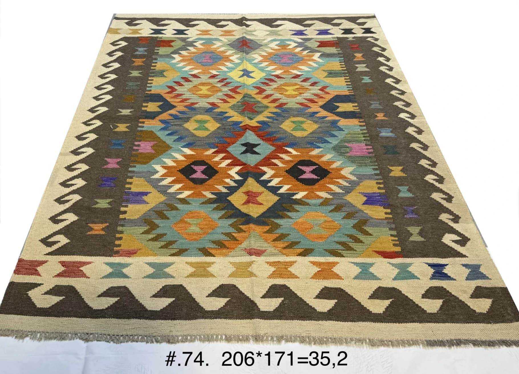 Multicolour Afghan Kilim with Geometric Motifs
