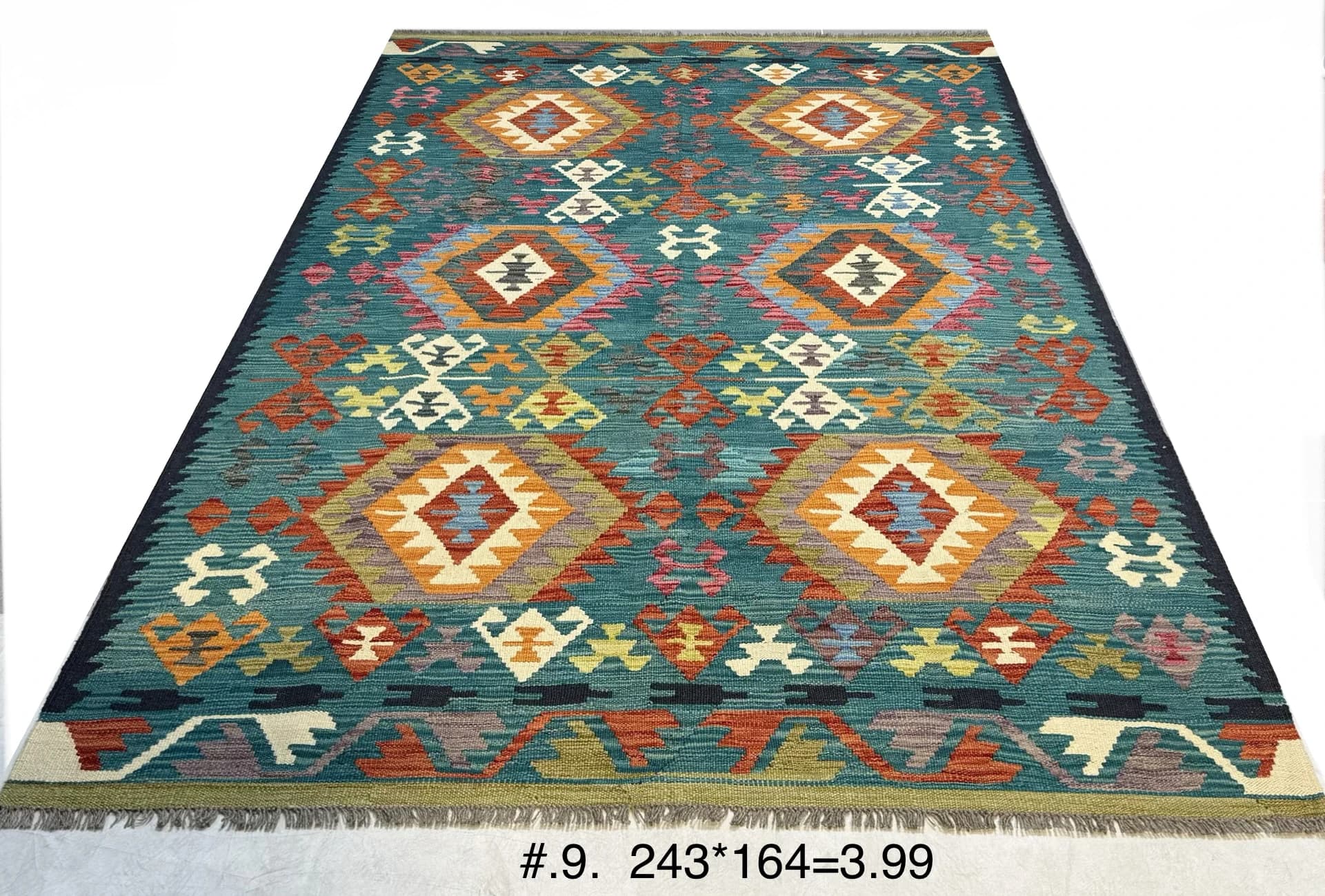 Turquoise Tribal Kilim with Geometric Medallions