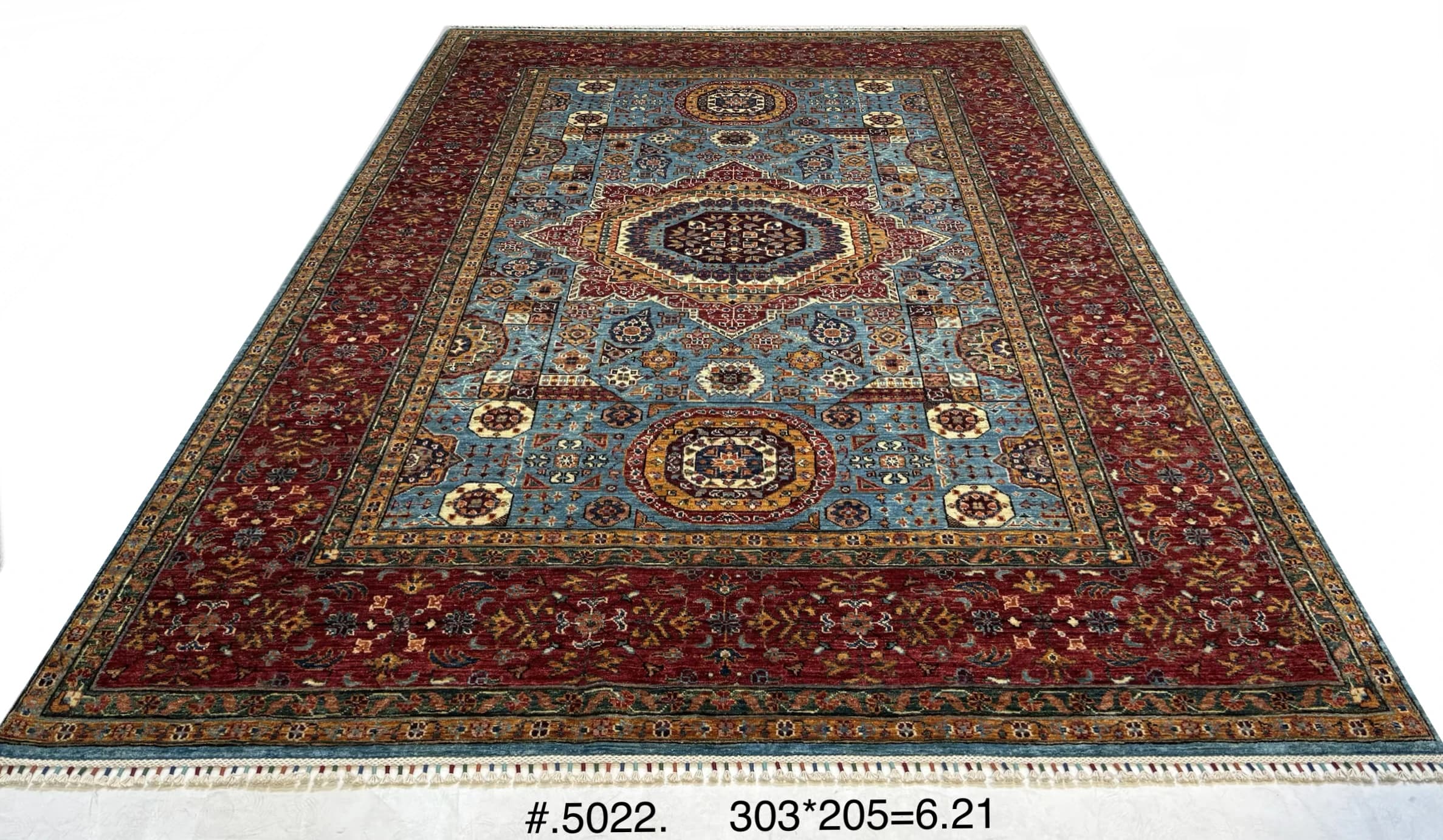 Hand-knotted Mamluk Medallion Rug in Blue and Garnet