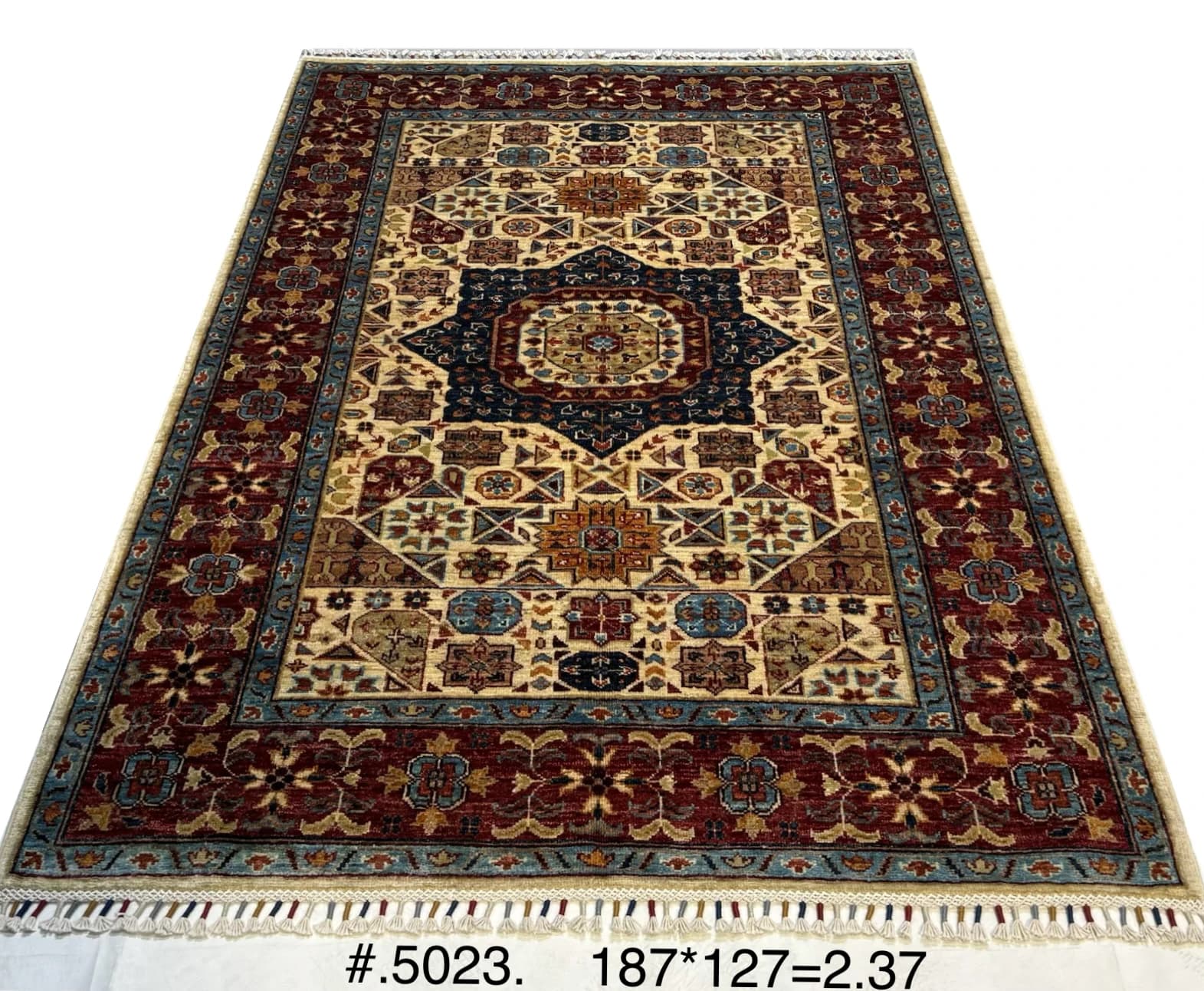 Hand‑knotted Afghan Mamluk Medallion Rug - Ivory, Red & Navy