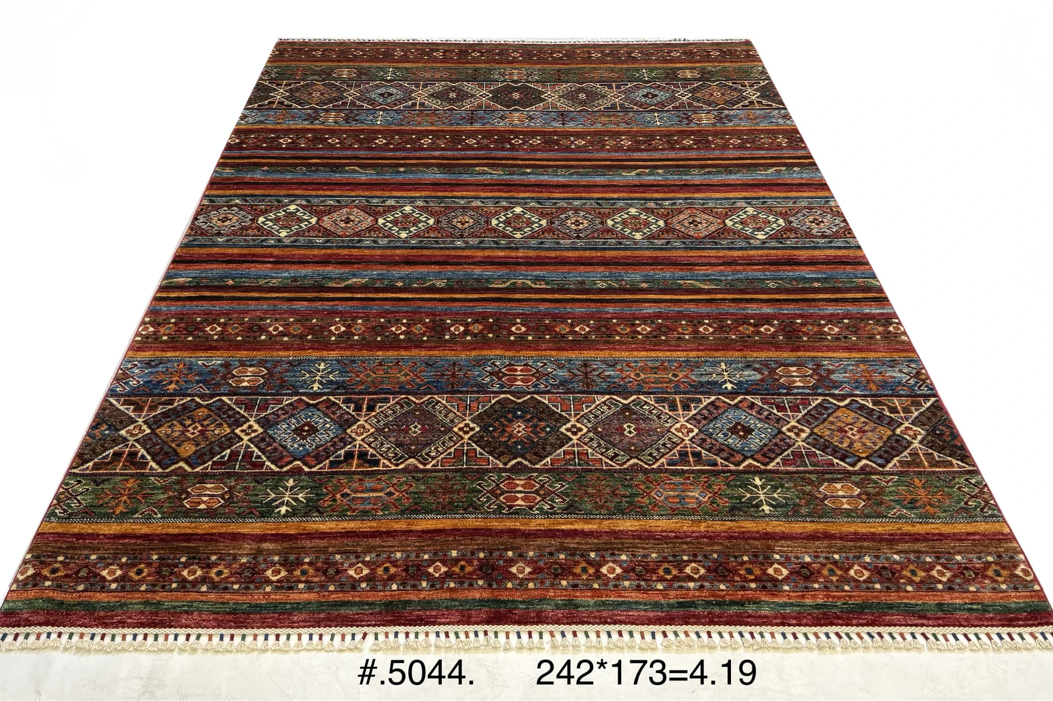 Hand-Knotted Mamluk Rug in Warm Reds and Blues